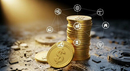 Poster - Golden Dollar Coin Stack on a Circuit Board with Technology Icons Representing Digital Finance and Investment