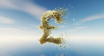 Poster - Golden Pound Symbol Made of Cubes Disintegrating in a Sky Background Representing Digital Currency Finance and Economic