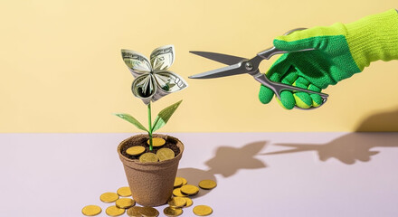 Poster - Hand Cutting Money Flower in Pot with Golden Coins Studio Shot on Pastel Background Concept of Financial Risk
