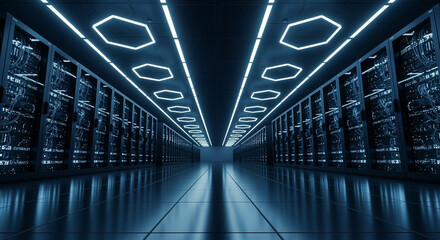 Poster - Illuminated Data Center Hallway with Server Racks and Geometric Lights Reflecting on Glossy Floor in Blue and Black