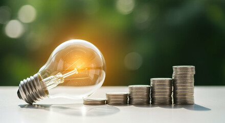 Poster - Illuminated Lightbulb with Stacked Coins on White Surface Against Green Bokeh Background Symbolizing Financial Growth