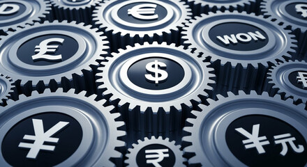 Poster - Interlocking Gears with Global Currency Symbols in Silver on Dark Blue Background Depicting Global Finance