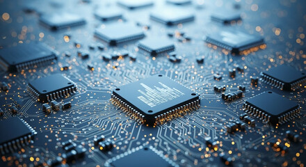 Poster - Intricate Circuit Board Macro View Featuring Square Chips and Metallic Legs with a Blue Hued Lighting Emitting a