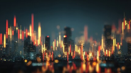 Poster - Abstract glowing big data forex candlestick chart on blurry city backdrop. Trade, technology, investment and analysis concept. Double exposure, no logos, no brands