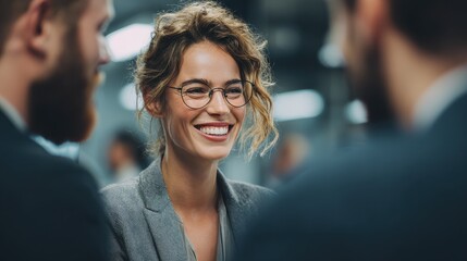 Poster - global business, technology, management , connection and people concept - smiling female boss talking to business team in office, no logos, no brands
