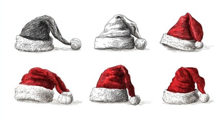 Poster - Santa hats sketch set isolated on white background. Vector illustration, no logos, no brands