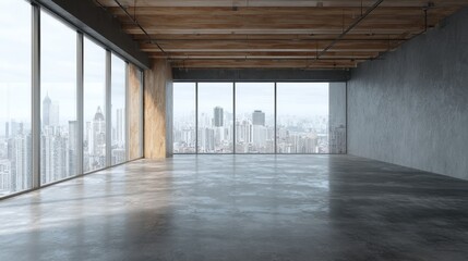 Poster - Empty loft style room with concrete floor and city view 3D Render, no logos, no brands