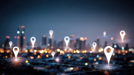Poster - Digital geolocation interface over night city. Geolocation and distributed data concept., no logos, no brands