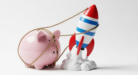 Poster - Piggy Bank Bound Near Rocket in White Red and Blue Launching Upward on Plain Backdrop