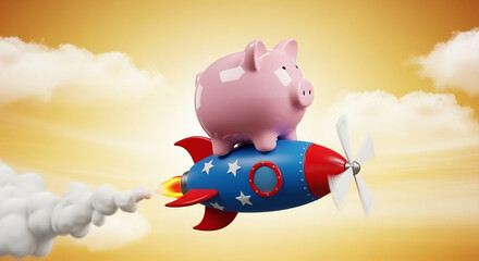 Poster - Piggy Bank Riding on Rocket with Clouds on Yellow Background Symbolizing Financial Growth and Bright Future Savings and