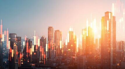 Poster - Forex trade market and development concept with growing digital candlestick and indicators on sunny skyscrapers background. Double exposure, no logos, no brands