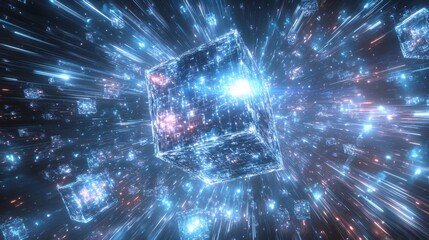 Poster - Glowing crystal cube exploding with light and energy in space.