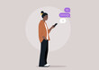© nadia_snopek - Casual Digital Conversation, A character Texting on their Phone, a millennial stands engrossed in a texting conversation on their smartphone