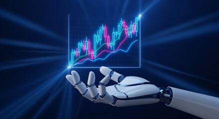 Poster - Robotic Hand Displaying Glowing Financial Growth Chart with Lens Flares on Dark Blue Background