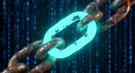Poster - Rusty Metal Chain with Glowing Blue Link Against Digital Number Rain Background Represents Cyber Security Technology