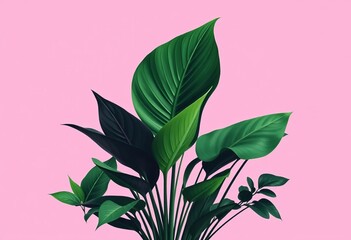 Poster - Pink background, minimalist silhouette collage of sansevieria, spathiphyllum, ficus leaves Trendy art print, decor, contemporary