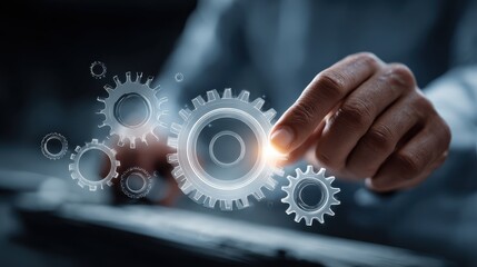 Poster - businessman hand working with new modern computer and business strategy gear to success as concept, no logos, no brands