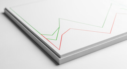 Poster - Stack of White Cards Displaying Red and Green Business Growth Line Graphs on White Backdrop