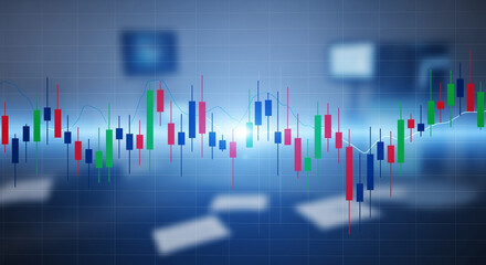 Poster - Stock Market Candlestick Chart Overlaying Blurred Conference Room in Blue Tones for Financial Analysis