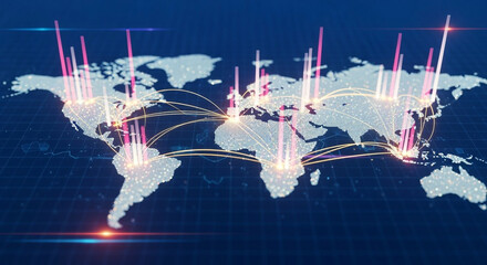 Poster - Stylized World Map with Glowing Network Connections and Data Visualization on Dark Blue Background