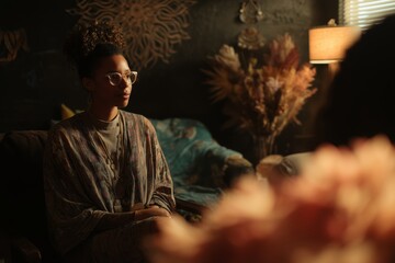 Poster - Young woman sits quietly in cozy indoor space filled with plants and warm lighting during late afternoon