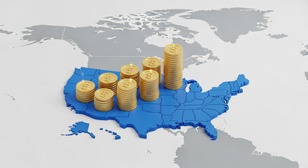 Poster - USA Economic Growth with Golden Coins Stacked on Blue Map and Gray World Background