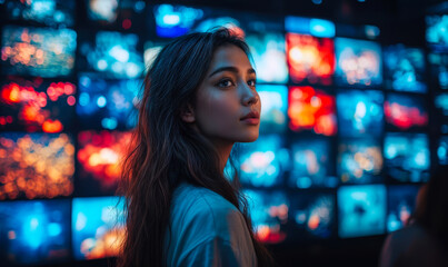 Poster - Young woman observing bright colorful digital multimedia screens wall displaying various abstract video content in dark technology environment with bokeh lights background