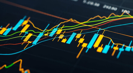 Poster - Vibrant Multicolored Stock Market Chart Displayed on Dark Background Finance and Investment Data