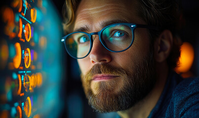 Poster - Close up portrait of focused man with glasses analyzing colorful data visualizations on transparent digital screen in dark environment