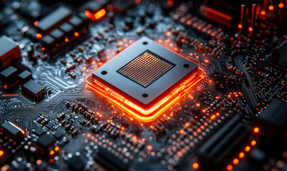 Poster - Close-up of glowing advanced quantum computer processor chip integrated on circuit board with futuristic orange lighting and electronic components background for technology innovation concept