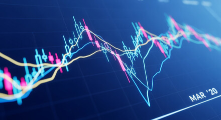 Poster - Vivid Stock Market Chart with Red and Blue Candlesticks on Dark Blue Background