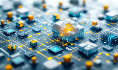 Poster - Cloud computing data network with integrated circuits and motherboard connections illustrating digital cloud storage and futuristic technology concepts in high detail