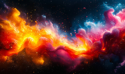 Poster - Vibrant colorful abstract smoke explosion with dynamic flowing orange, yellow, red, pink, and blue clouds on black background