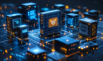 Poster - 3D rendering of futuristic digital microchips connected in a glowing circuit board network representing advanced technology software and cloud computing infrastructure concept