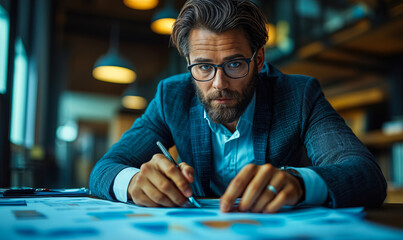 Poster - Focused businessman wearing glasses working on project planning with documents and charts in office environment during evening hours