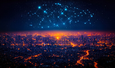 Poster - Night cityscape with illuminated streets and glowing network nodes representing digital connectivity and telecommunications technology innovation