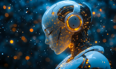 Poster - Profile portrait of futuristic humanoid robot with glowing circuitry and blue bokeh background in digital technology concept