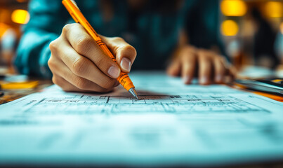 Poster - Close-up of hand holding pen making notes on architectural blueprint with blurred workspace background in warm lighting