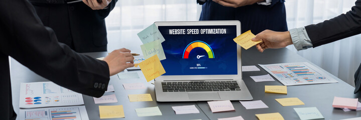 Poster - Computer software evaluating website loading speed. Concept of improving website loading speed brisk.