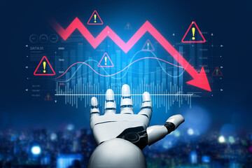 Poster - AI visualizes economic caution with smart graphs, alert icons, and data trend analysis, helping businesses respond to financial instability and risk. Artificial intelligence spline