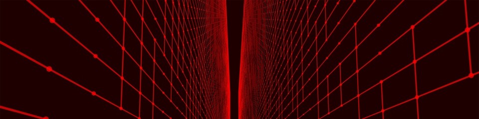 Poster - Futuristic colorful perspective grid. Abstract wireframe with blue grid on black background. Virtual landscape in digital style of 80s 90s. Simple perspective grid for design. 3D rendering