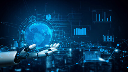 Poster - A robotic hand extends towards a digital globe, surrounded by graphs and data analytics. This image captures the essence of innovation and technology in a modern world. Xenic