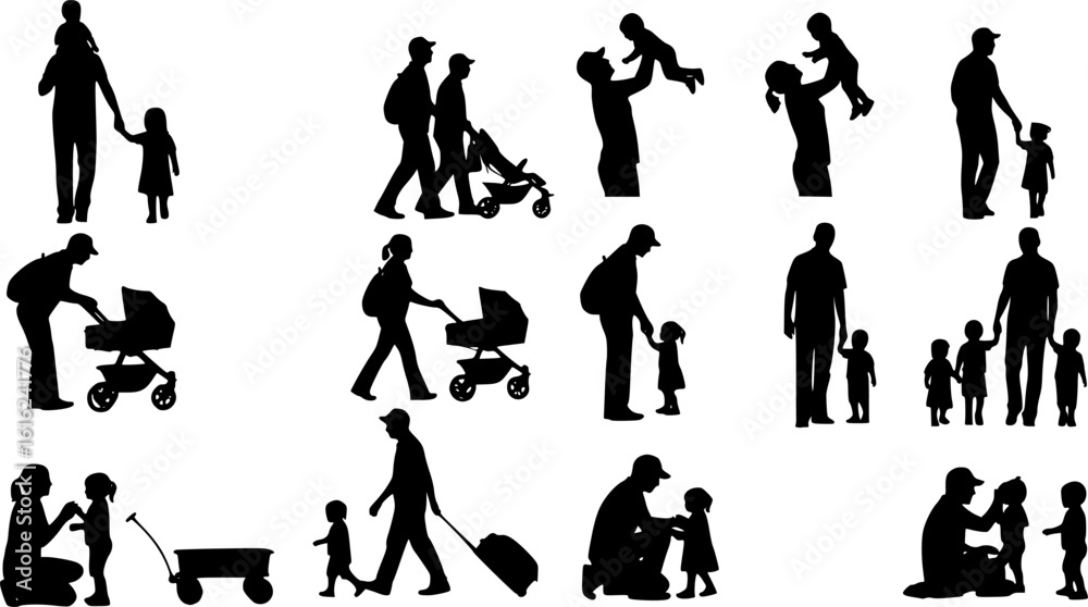 Family themed silhouettes: children, adults, grandparents. Family silhouettes. EPS 10 version.