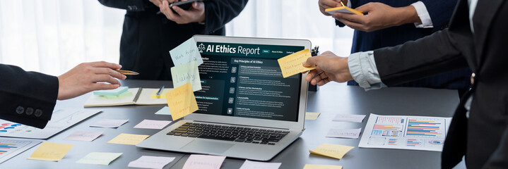 Poster - AI ethics responsibility standard law and rules on computer screen provide report of AI ethic transparency preventing technology crime. brisk