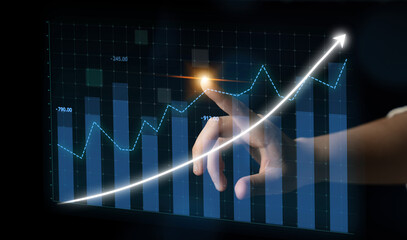 Poster - A hand reaches towards a digital graph showcasing financial growth. The upward trend and bright arrow symbolize positive market performance and data analysis. Impute