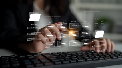 Poster - Project management system showing workflow stages, task progress, and review status. Task progress tracks completion, task progress improves workflow, and task progress ensures visibility. Latch
