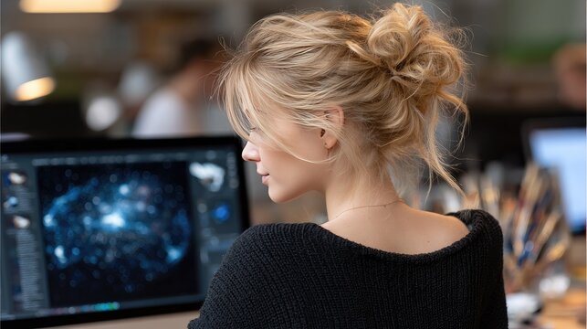 A woman with blonde hair in a messy bun creates digital art on her computer, immersed in a creative environment filled with artwork