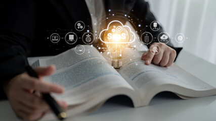 Poster - Visual representation of SaaS showing infrastructure, SaaS deployment, SaaS platform features, and SaaS integration model in digital environment. Spline