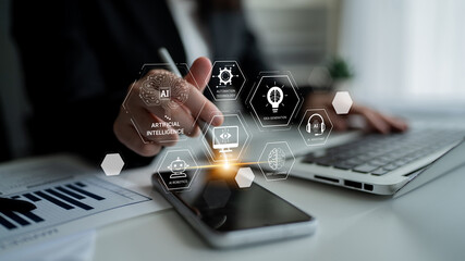 Poster - AI learning system involves deep learning, supervised machine learning, and natural language processing. AI learning diagram shows how AI advances learn in automation and data processing. Spline