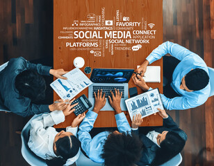 Poster - Top view multiracial analyst team use BI dashboard display on laptop screen, analyzing financial data for strategic decision. Fintech analyzes marketing indicators. Concord Amity